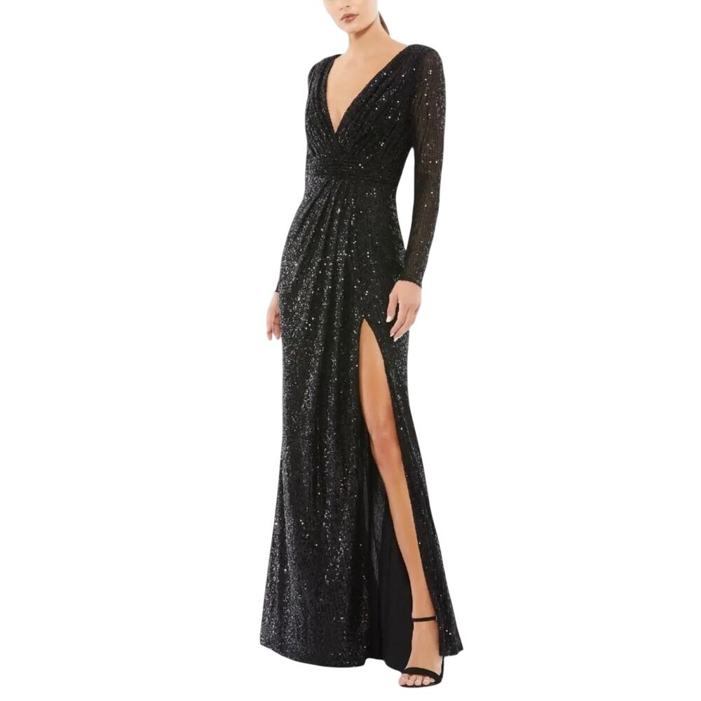 Mac Duggal 26395 Black Evening Gown Sequined Long Sleeve Column Dress Size 4